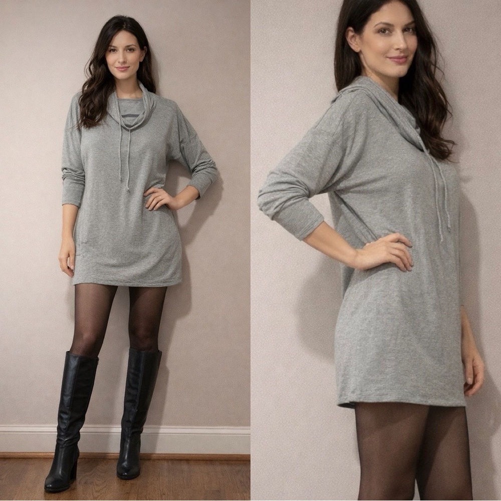 J JILL Cotton Soft Cowl Neck Long Sleeve Shirt Tunic Dress Heather Gray Sz M